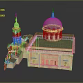 Cartoon Style Building Scene Featuring Green Dome Bell Tower And Yellow Main Structure With Windows