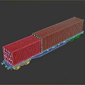 Red Container Freight Train Car With Blue Base And Wheels On Gray Background