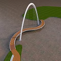 Modern Landscape Bridge With White Arch Wooden Deck Green Grass And Paved Ground