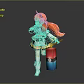Game Anime Character with Orange Long Hair Blue White Outfit Yellow Skirt Holding Colorful Box