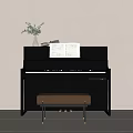 Stylish Black Musical Instrument Piano Featuring Sheet Music Bench And Decorative Green Plant Vase