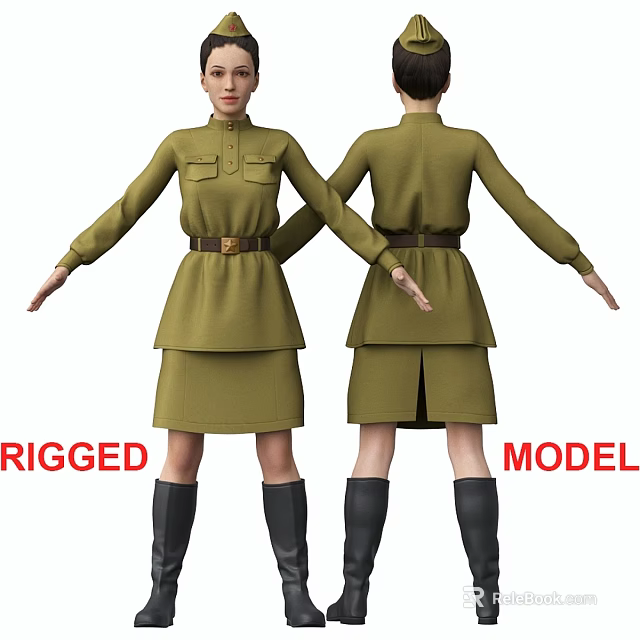 Two Rigged 3D Character Models in Green Uniform Dress with Belt and Boots 3d model 