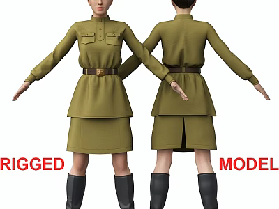 Two Rigged 3D Character Models in Green Uniform Dress with Belt and Boots 3d model