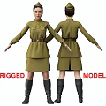 Two Rigged 3D Character Models in Green Uniform Dress with Belt and Boots