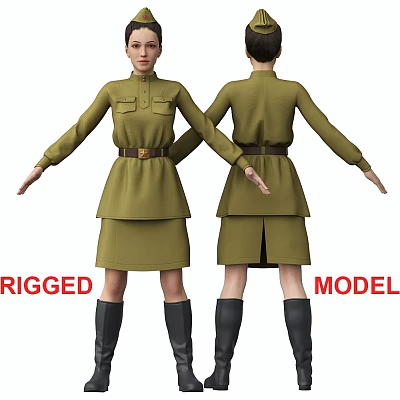 Two Rigged 3D Character Models in Green Uniform Dress with Belt and Boots 3d model