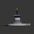 Traditional Pagoda Model Featuring Blue Roof Golden Finial Circular Base Stone Steps On Green Grass