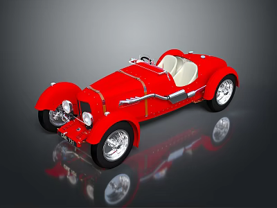 Vintage Red Convertible Sports Car With White Seats And Silver Wheels On Reflective Background 3d model