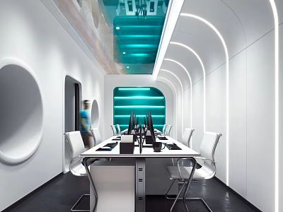 Modern Public Office Interior With Long Desk White Chairs Curved Walls And Blue Lighting Design 3d model