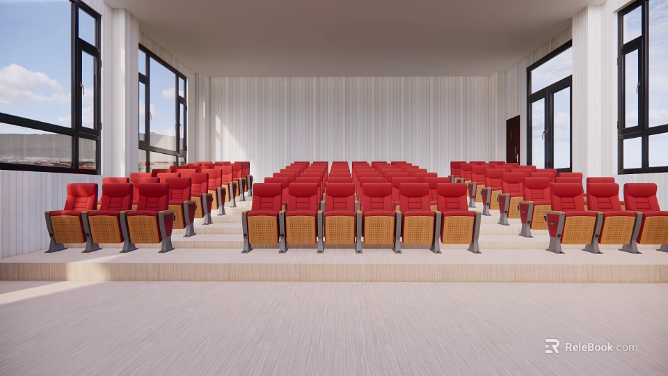 Red Public Chairs Arranged In Rows In Auditorium With White Walls And Large Windows 3d model 