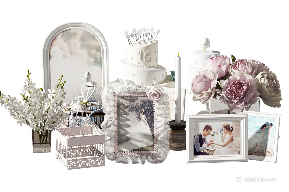 Elegant Wedding Decorations With Cake Photo Frames Flowers Birdcage And Mirror 3d model 