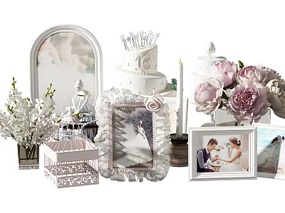 Elegant Wedding Decorations With Cake Photo Frames Flowers Birdcage And Mirror 3d model