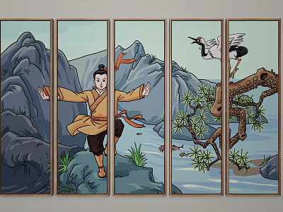 Traditional Chinese Five Panel Screen Art With Mountain Landscape Figure And Crane 3d model