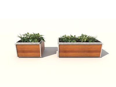 Two Rectangular Wooden Garden Planters With Lush Green Plants And Natural Wood Finish 3d model