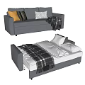 Gray Convertible Sofa Bed With Yellow Pillows And Plaid Blanket 3d model