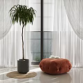 Cozy Orange Bean Bag Chair in Modern Room with Large Windows White Curtains Palm Plant