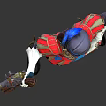 Detailed Red Outfit Character Design With Blue Accents Hat Holding Object Front Back Views