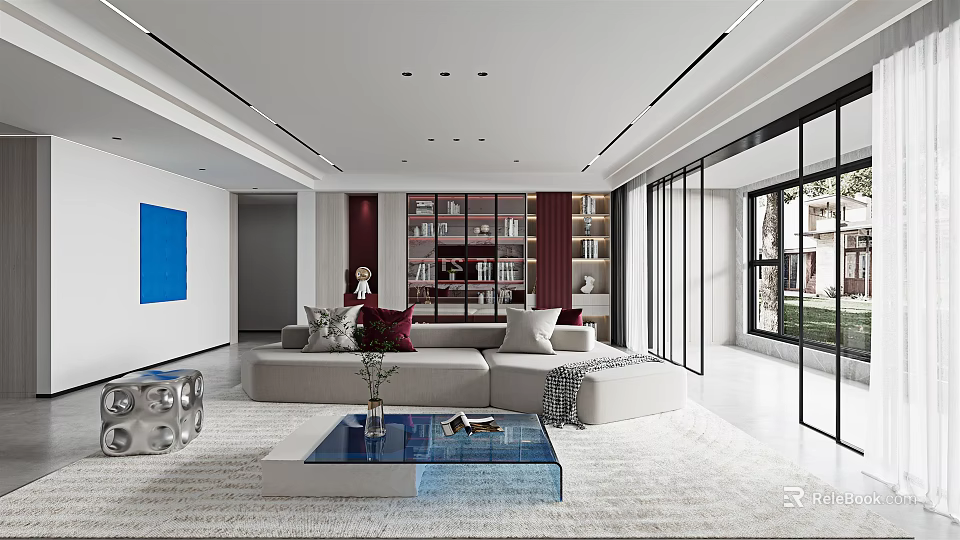 Modern Living Dining Room With Spacious Layout Sofa Bookshelf And Large Windows 3d model 