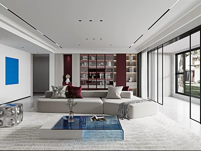Modern Living Dining Room With Spacious Layout Sofa Bookshelf And Large Windows 3d model
