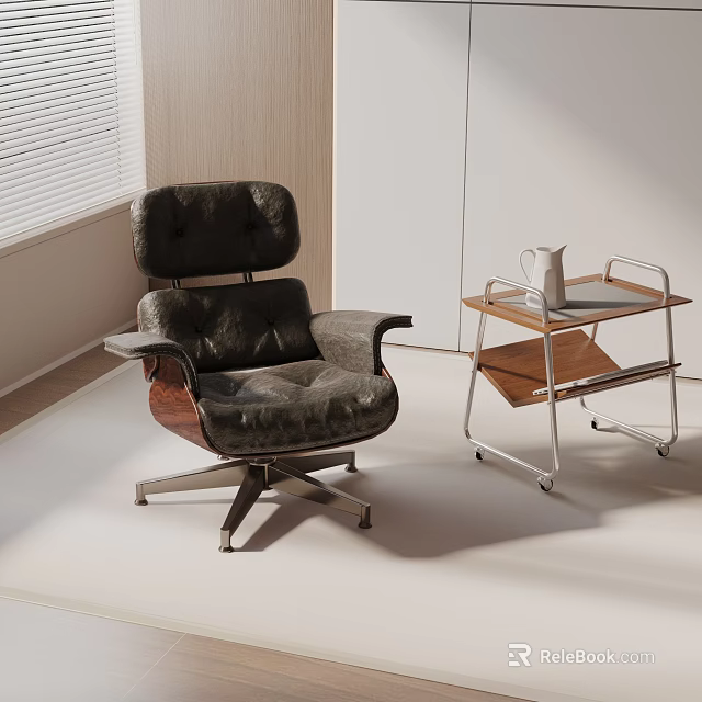 Comfortable Black Leather Leisure Chair with Swivel Base near Wooden Tray Table in Bright Room 3d model 