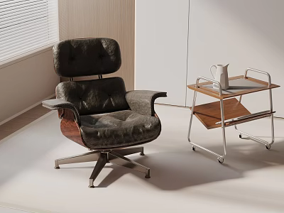 Comfortable Black Leather Leisure Chair with Swivel Base near Wooden Tray Table in Bright Room 3d model