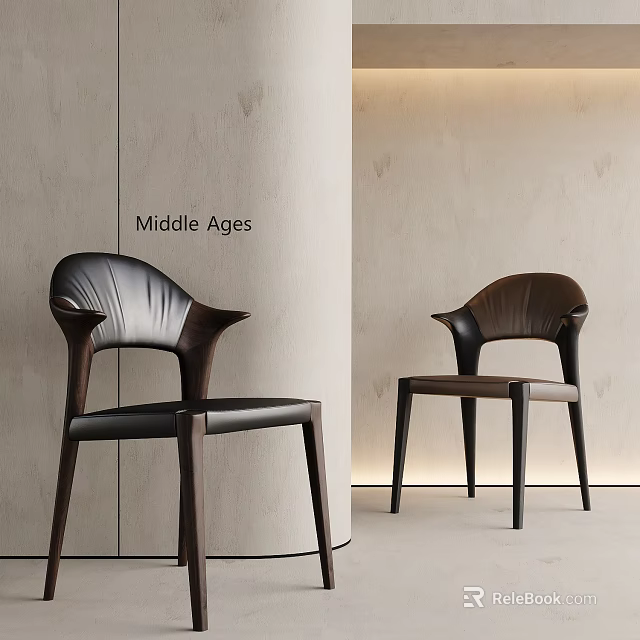 Medieval Style Dining Chairs With Dark Wooden Frame Curved Backrest And Leather Seat 3d model 