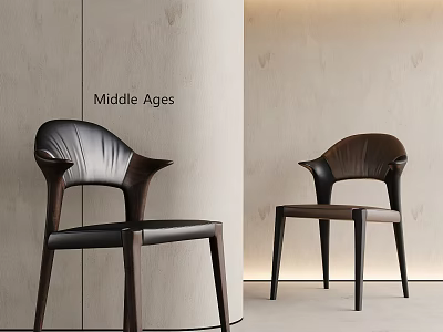 Medieval Style Dining Chairs With Dark Wooden Frame Curved Backrest And Leather Seat 3d model