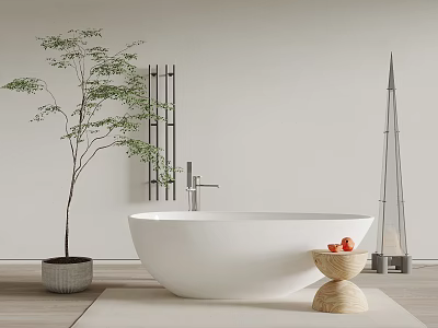 White Round Bathtub With Plant Wooden Stool Metal Shelf And Minimalist Decor 3d model
