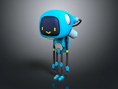 Blue Robot Character 3D Model With Yellow Eyes White Accents Antenna And Long Legs 3d model
