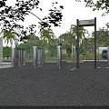 Outdoor Entrance With Stainless Steel Turnstiles Green Trees And Blue Car