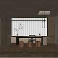 Serene Modern Tea Room Interior With Wooden Long Table Stools Potted Plants And Natural Light