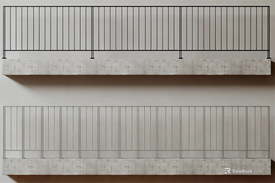 Modern Metal Railings With Vertical Bars On Concrete Base Double Layer Design 3d model 
