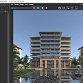 Modern Multi storey Residential Building With Glass Balconies Palm Trees Swimming Pool And Blue Sky