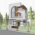 Modern Detached Villa Exterior Design With Arched Archway Balcony And Greenery Surroundings