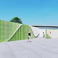 White Wavy Decorative Partition With Circular Ornaments In Outdoor Plaza And Green Trees
