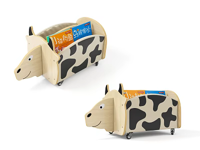 Cute Cow Shaped Kids Bookcase With Black And White Spots Filled With Books On Wheels 3d model