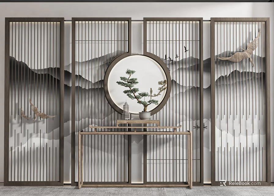 Chinese Style Console Table With Screen Round Mirror Pine Ornament And Mountain Pattern 3d model