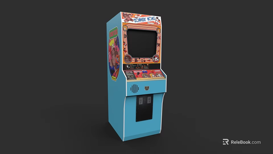 Blue Arcade Machine With Colorful Art Design Screen And Control Buttons 3d model 