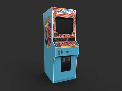 Blue Arcade Machine With Colorful Art Design Screen And Control Buttons 3d model