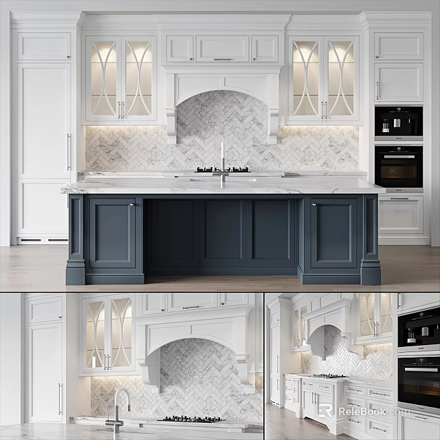 Elegant Modern Kitchen Interior With White Cabinets Gray Island And Marble Countertop 3d model 