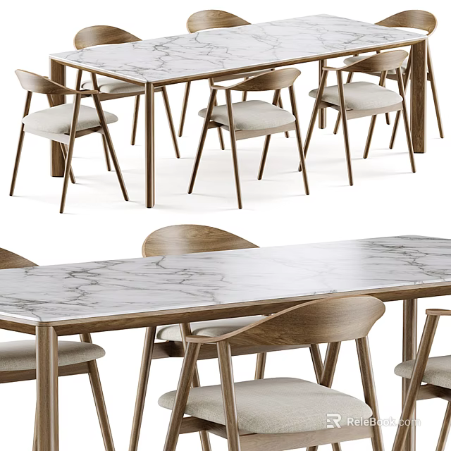 Modern Dining Table Set With Marble Top Wooden Frame And Comfortable Chairs 3d model