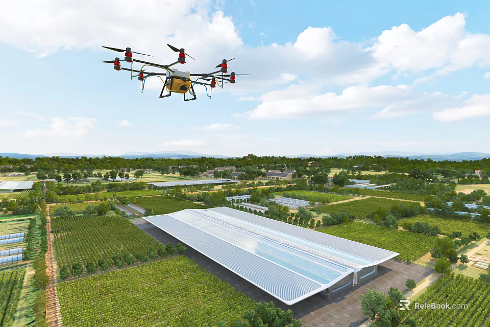 Scenic Rural Landscape With Flying Drone Vast Fields Greenhouse And White Clouds Sky 3d model 