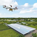 Scenic Rural Landscape With Flying Drone Vast Fields Greenhouse And White Clouds Sky