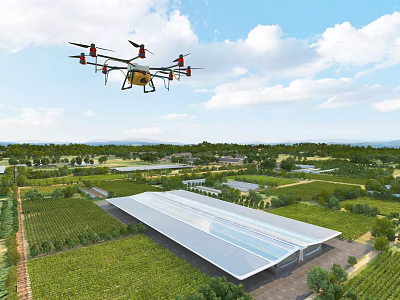Scenic Rural Landscape With Flying Drone Vast Fields Greenhouse And White Clouds Sky 3d model