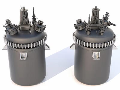 Two Large Cylindrical Industrial Reactors With Top Mounted Equipment And Gray Exterior Bases 3d model