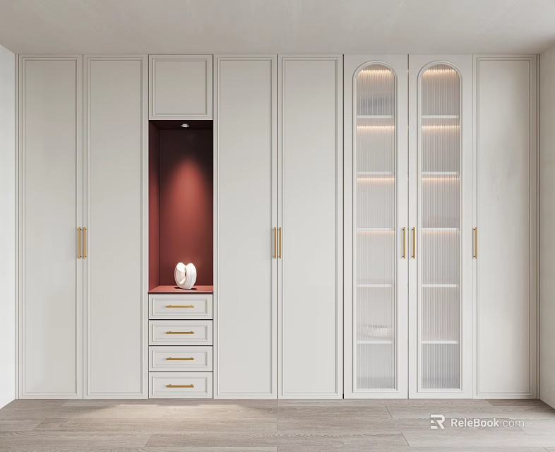 Modern White Shoe Cabinet Interior With Glass Doors Drawers And Gold Handles 3d model 
