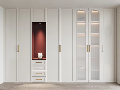 Modern White Shoe Cabinet Interior With Glass Doors Drawers And Gold Handles 3d model