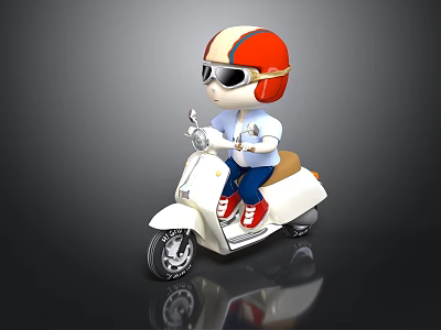 Cartoon Character Riding White Scooter With Red Orange Helmet Sunglasses White Shirt Blue Pants 3d model
