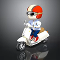 Cartoon Character Riding White Scooter With Red Orange Helmet Sunglasses White Shirt Blue Pants