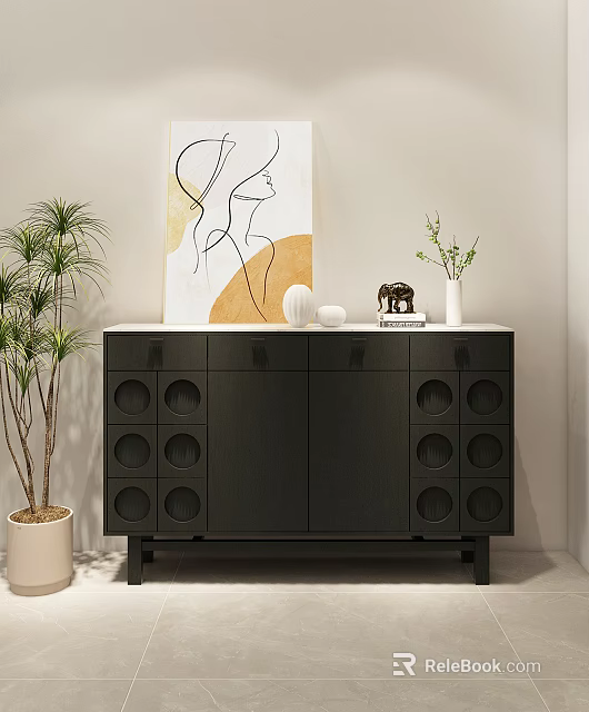 Modern Black Entryway Cabinet Sideboard With Circular Patterns And Decorative Items 3d model