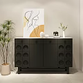 Modern Black Entryway Cabinet Sideboard With Circular Patterns And Decorative Items 3d model